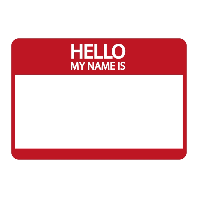 Name tag sticker icon. "Hello my name is" introduction label. Networking event badge. Personal identification. Vector illustration. EPS 10. Stock image.