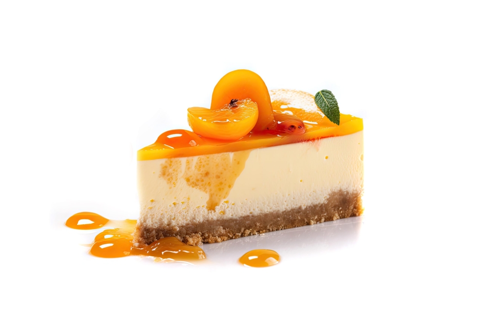 Apricot Cheesecake Isolated, Cheesecake Pastry, Peach Cream Cheese Dessert with Orange Fruits on White Background, Abstract Generative AI Illustration